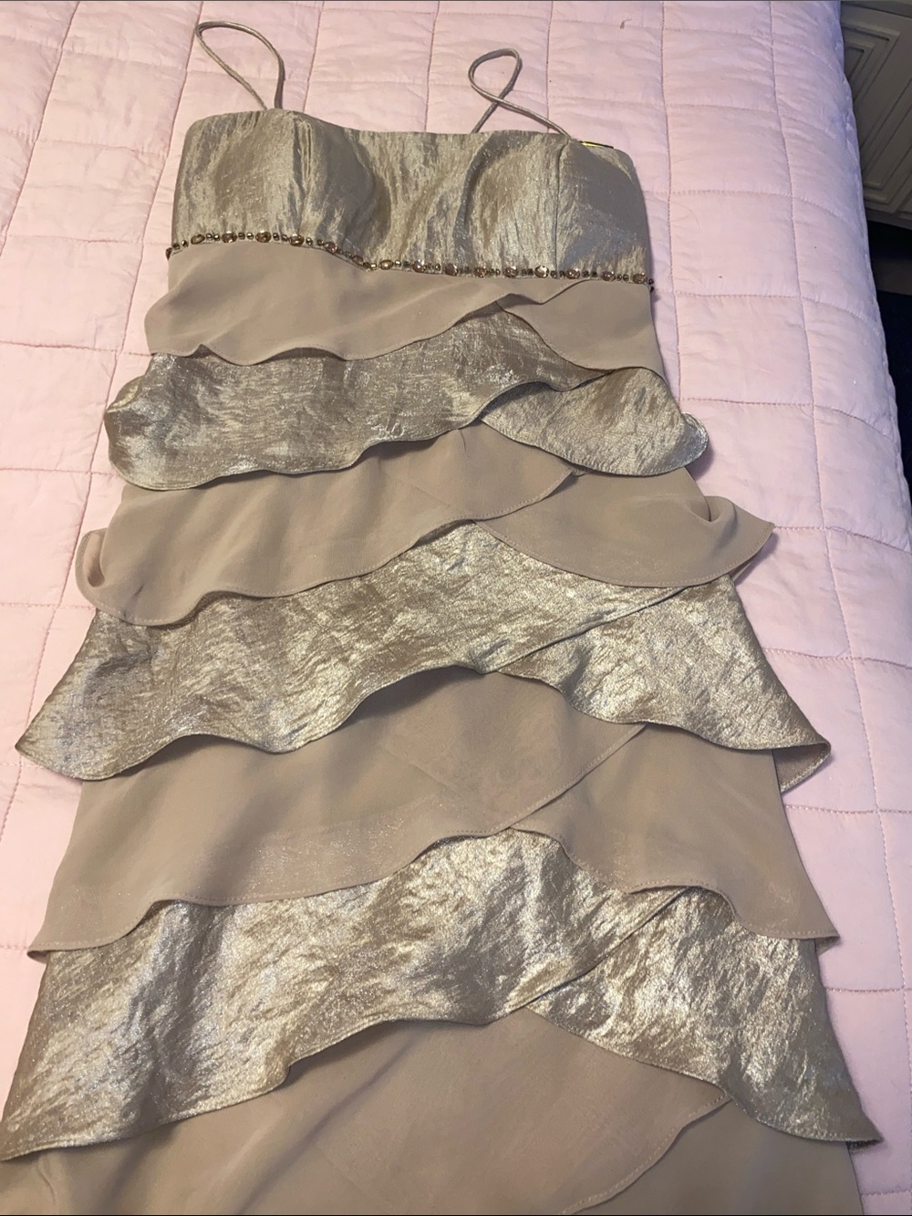 Beige and eMetallic Gold Ruffle Cocktail Dress